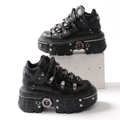 Drune | Fashion Frauen Ankle Boots Damen Dünne Absätze Runde Spitze Schnürsenkel Metall Dekoration Sneakers Fräulein Nieten Punk Gothic Rock Schuhe