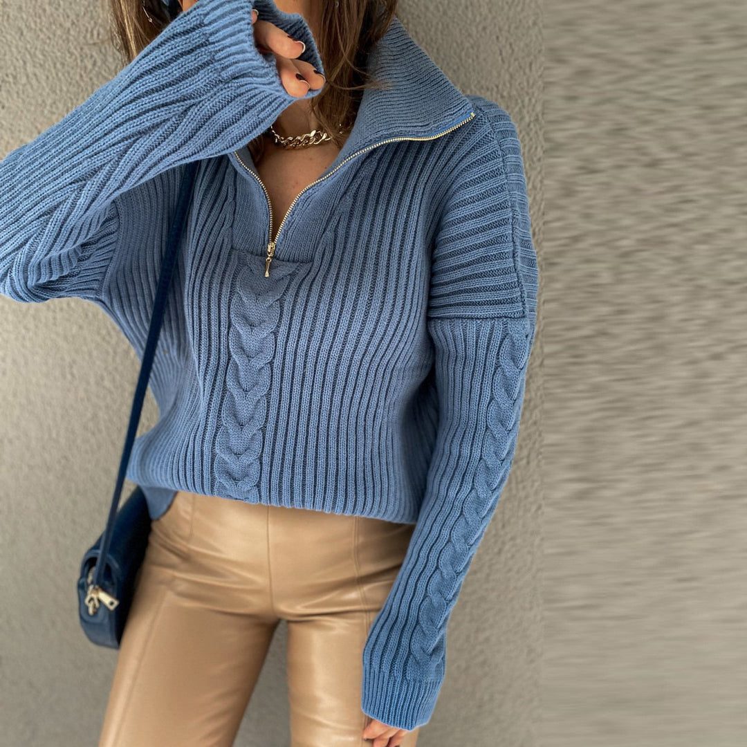 Drune V-Sweater | Bequemer Zopfpullover mit V-Ausschnitt, Rollkragen und Reißverschluss