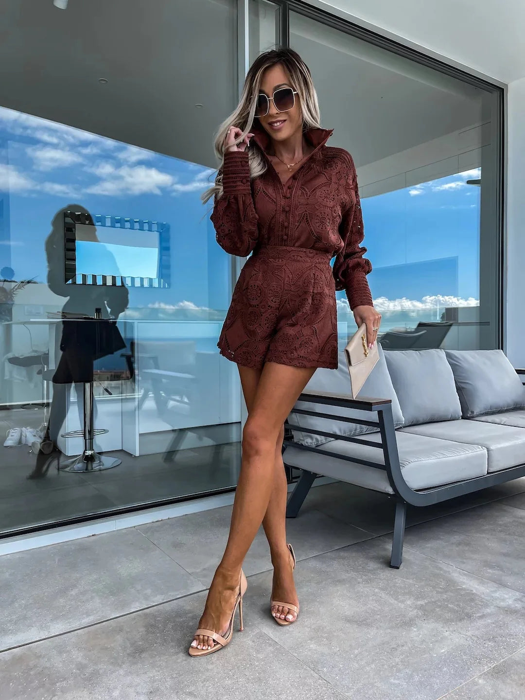 Drune | Foridol Jahrgang Einreiher Weiß Spitze Frauen Shorts Set Frühling Langarm Lässig Fest 2 Stück Outfits Damen Anzug Sommer