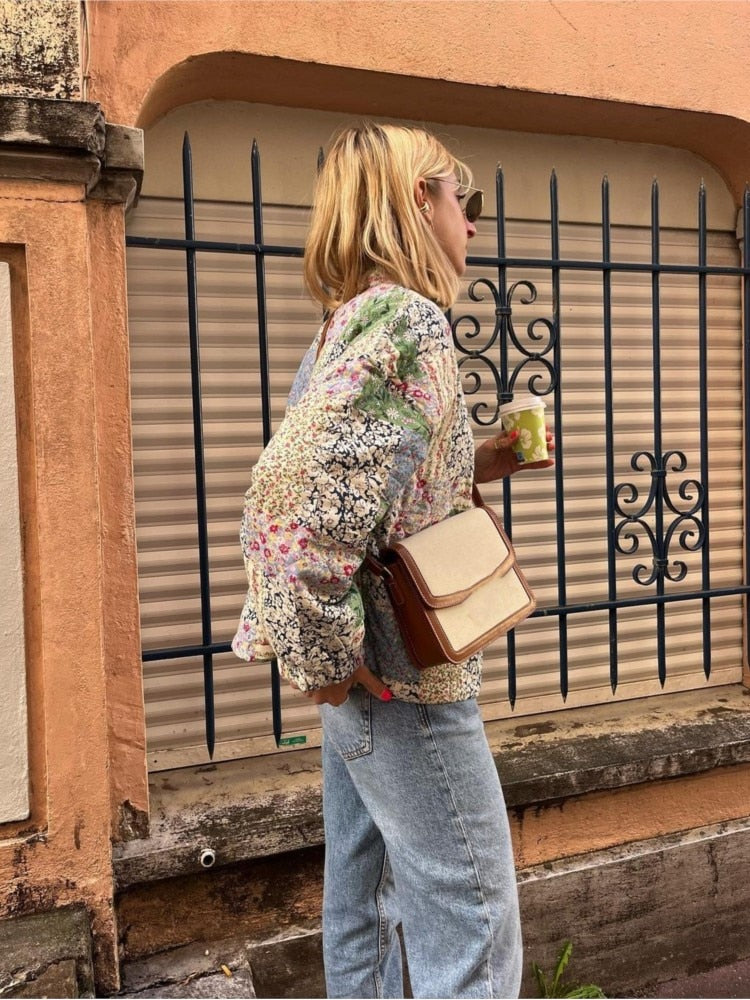 Drune | Grüne Blumen bedruckte gesteppte Baumwolljacke für Damen