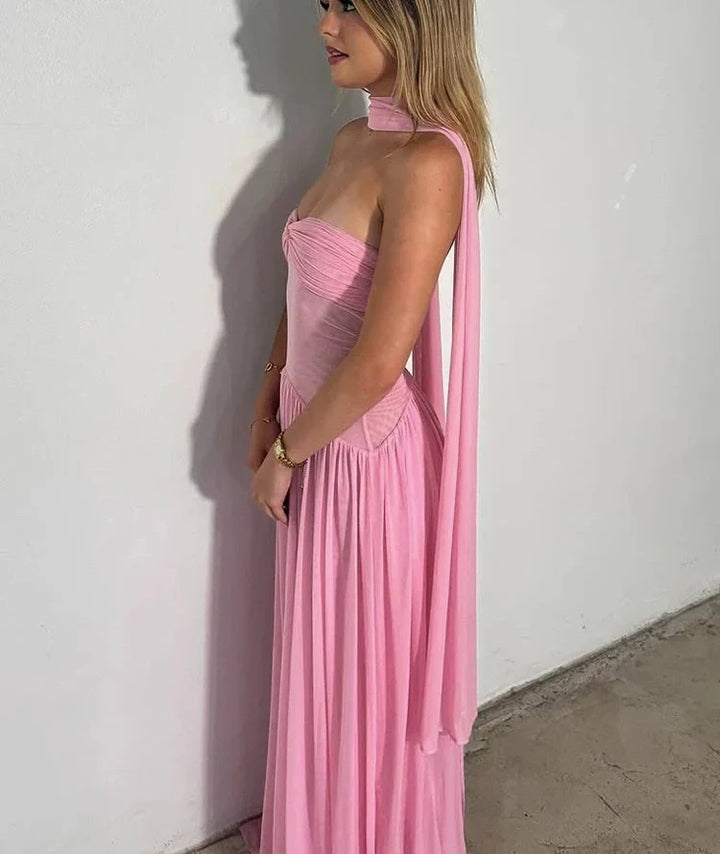 Drune | Patchwork Maxi Kleid Schal Rückenfrei Strapless Rüschen Bankett