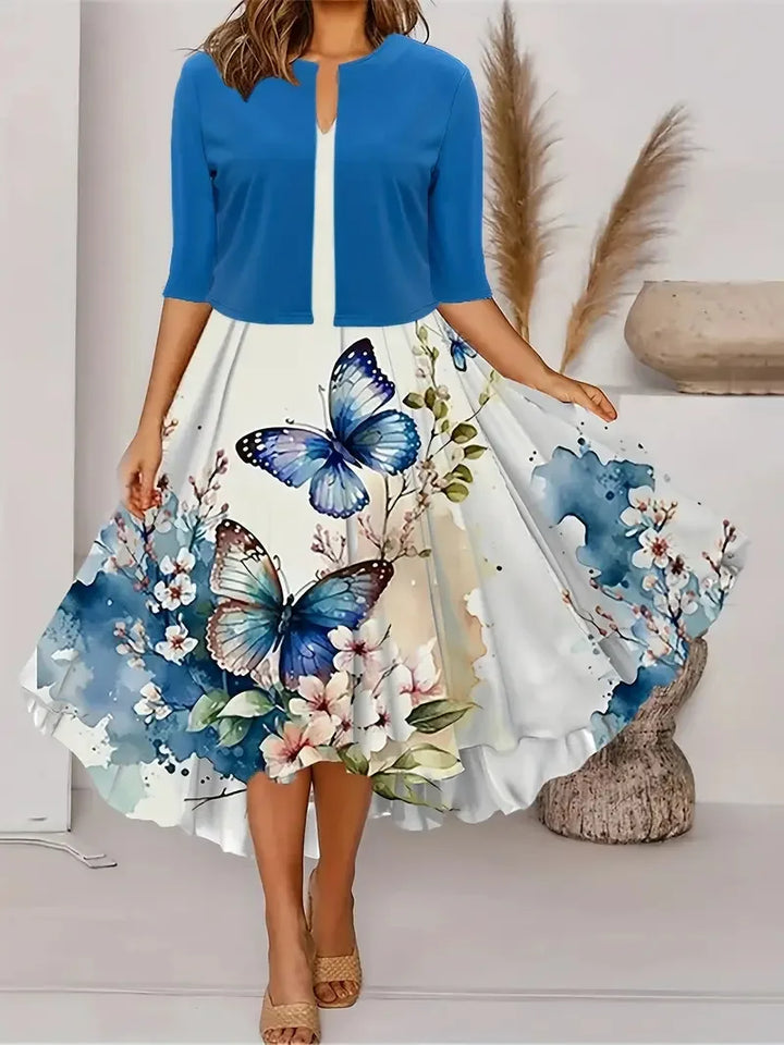 Drune | Neu für Den Sommer! Eu Us Herbst Frau 2 Lang Kleid Set Blumen und Graspunkt Crew Neck Kleid mit Chiffon Kurzjacke