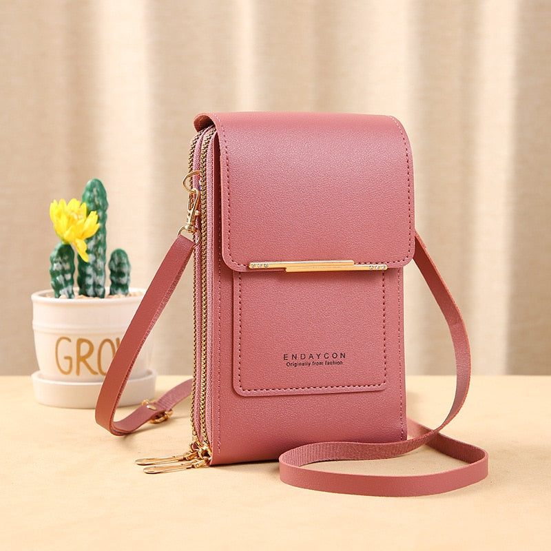 Drune | Leder Smartphone Clutch Damen Handtasche mit Touchscreen-Fenster