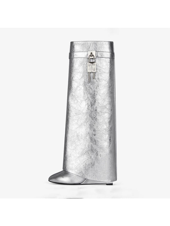 Drune | Damen Kniehoge Stiefel Shark Lock Lange Dicke Sohlen High Heels Stiefel Designer Luxusmarke Damen Lederstiefel