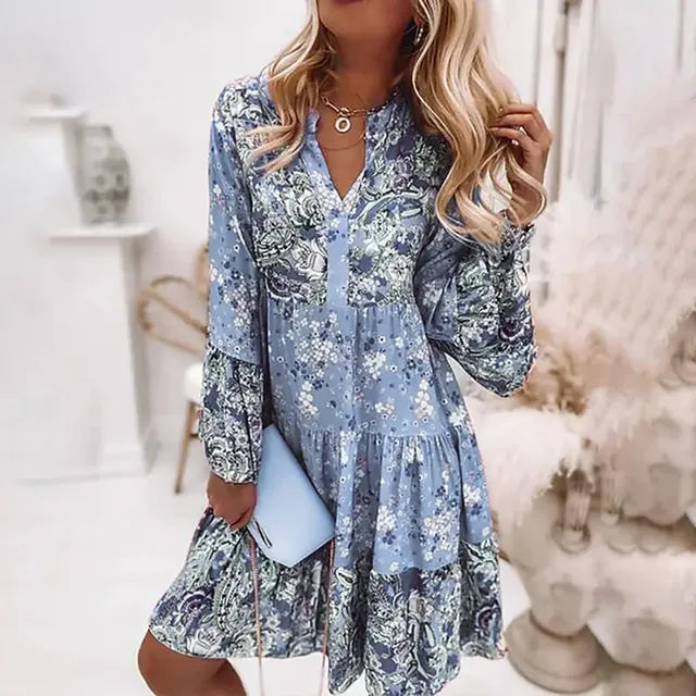Drune | Bohème Blumen Kleid mit langen Ärmeln für Damen
