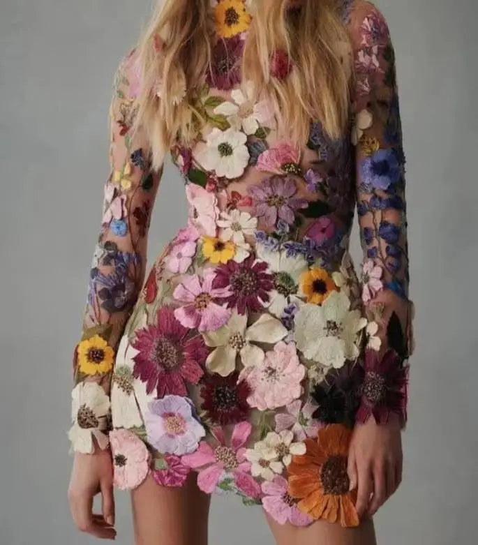 Drune | 3D gesticktes Mesh-Kleid mit Blumen für Damen