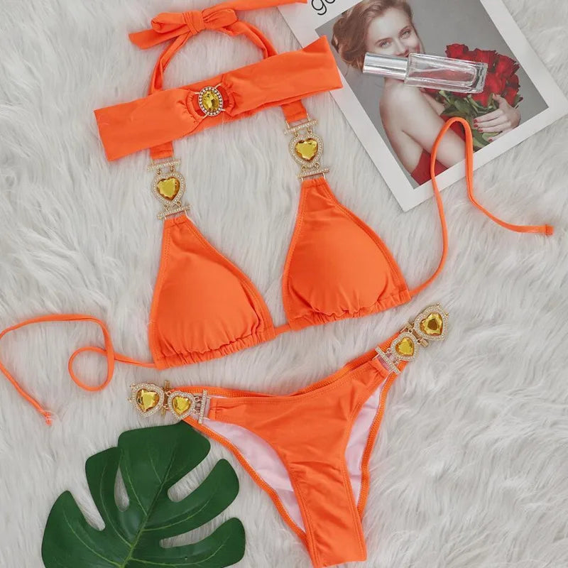 Drune | Pink Sexy Bikinis Schwimmbekleidung mit Herz Strass Damen Bademode Female Push-Up Bikini Strand Bademode Badeanzüge Pool Badebekleidung