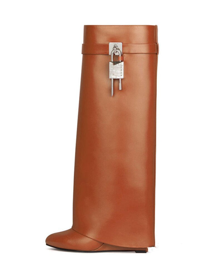 Drune | Damen Kniehoge Stiefel Shark Lock Lange Dicke Sohlen High Heels Stiefel Designer Luxusmarke Damen Lederstiefel
