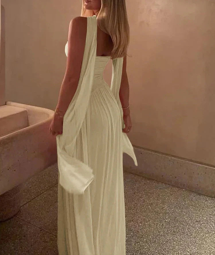 Drune | Patchwork Maxi Kleid Schal Rückenfrei Strapless Rüschen Bankett