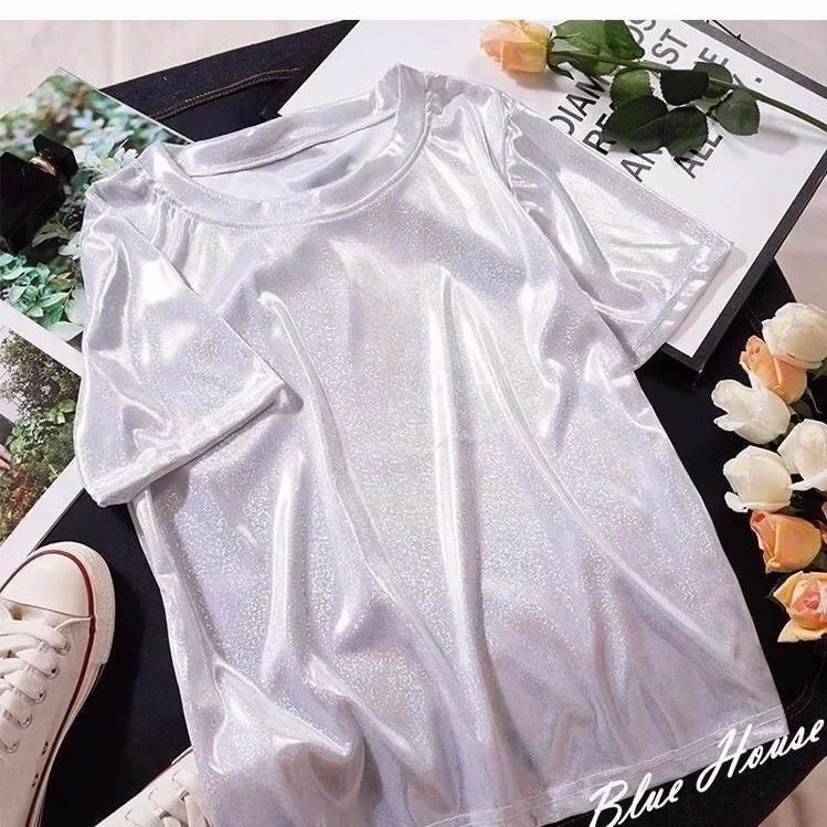 Drune | S 5Xl Damen Funkelnd Shiny Metallisch Holografisch Rundhals Kurzarm Lässig Lose Top Festival Party T-Shirt Damenbekleidung