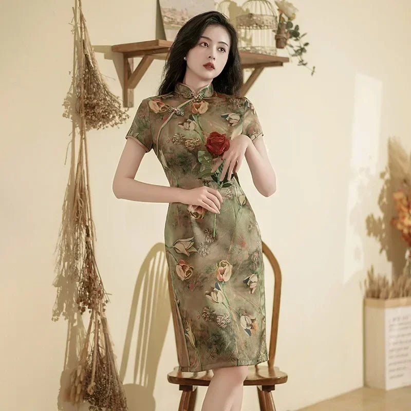 Drune | Cheongsam Qipao Mode Kleidung Lässig Elegant Ethnischer Stil Vintage Kleid für Frauen Streetwear Frauen Kleidung Festlich Chinesisch