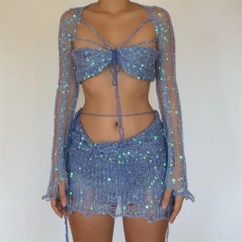 Drune | Paillettengehäkelter Langärmliger Croptop und Minibodyconrock Zweiteiliges Satz