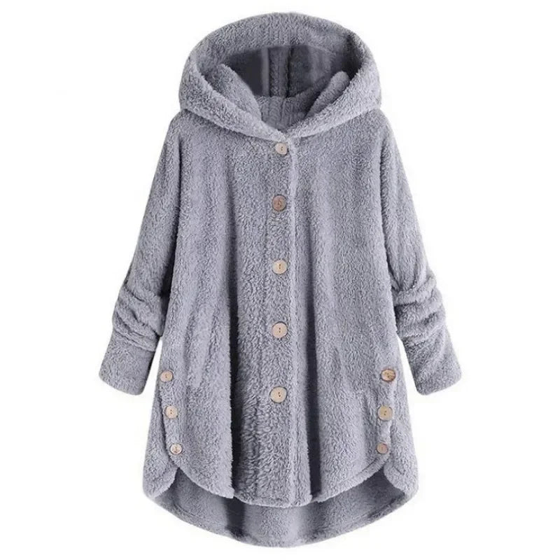 Drune | Fleecejacke Relaxed Fit mit Kapuze Knopfverschluss Extralang Hinten