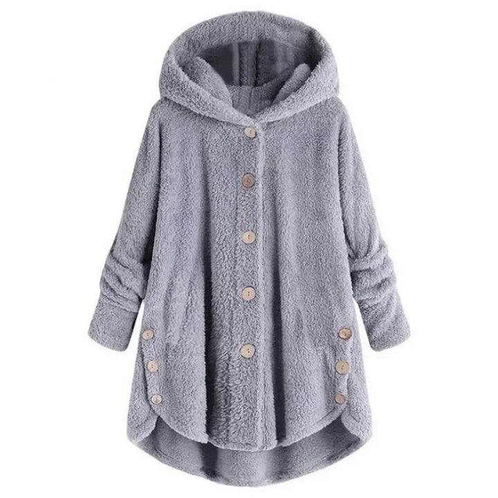 Drune | Fleecejacke Relaxed Fit mit Kapuze Knopfverschluss Extralang Hinten