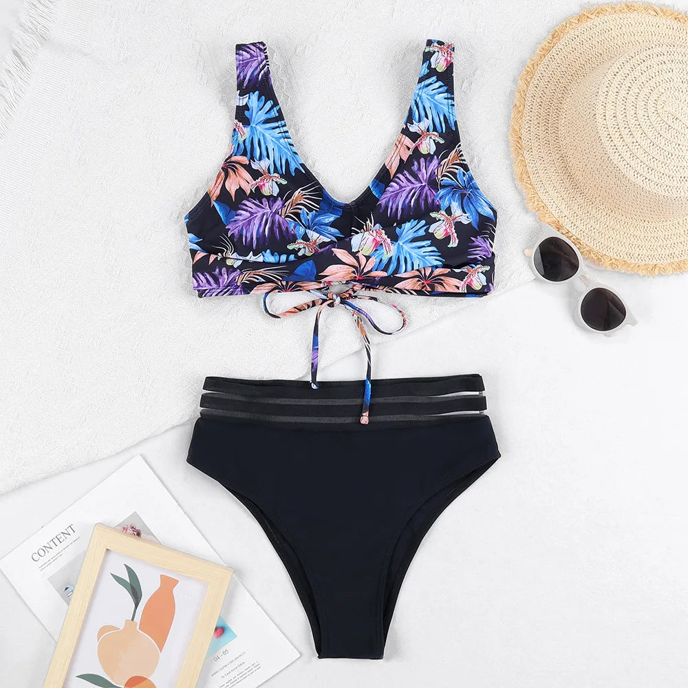Drune | Schnürung Hohe Taille Bikini Frauen Badebekleidung Frauen Badebekleidung Badeanzug Gepolstert Push-Up Blumen Badeanzug Frauen Bikini Set