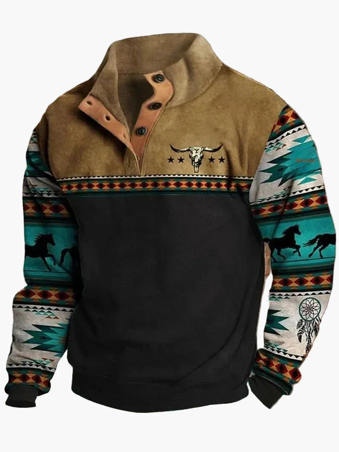 Drune | Vintage Western Sweatshirt mit Ethno-Muster und Stehkragen - Freizeitpullover
