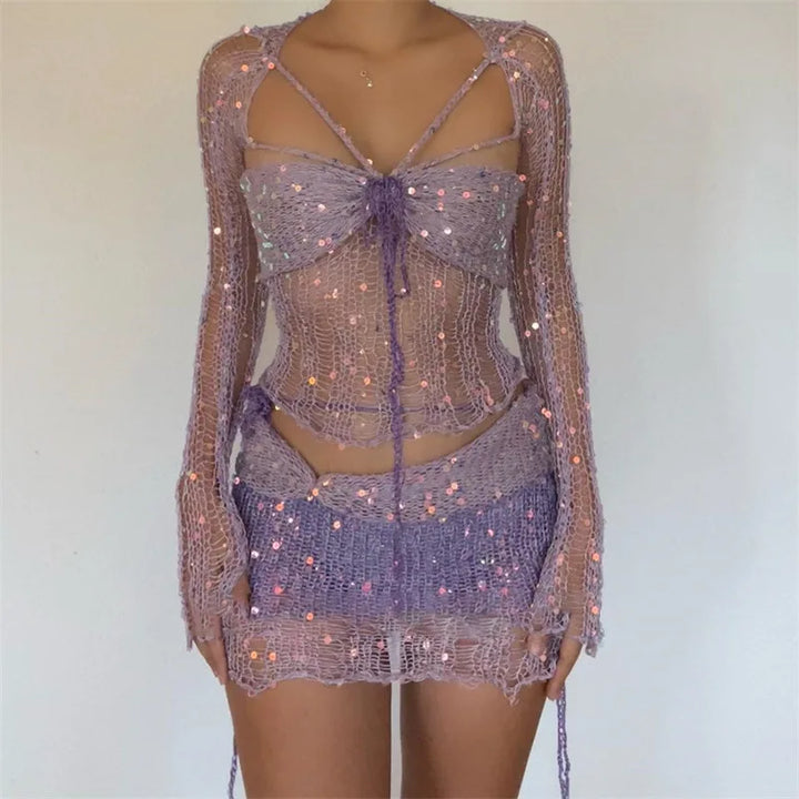Drune | Paillettengehäkelter Langärmliger Croptop und Minibodyconrock Zweiteiliges Satz
