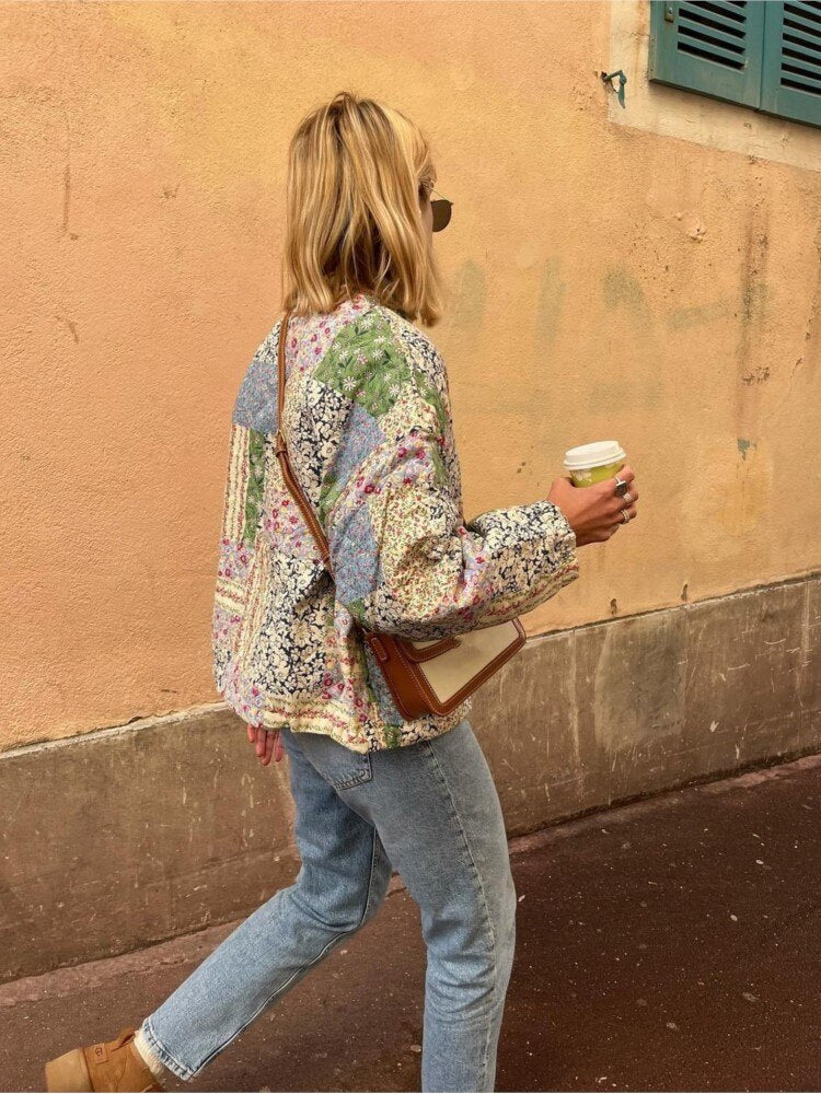 Drune | Grüne Blumen bedruckte gesteppte Baumwolljacke für Damen