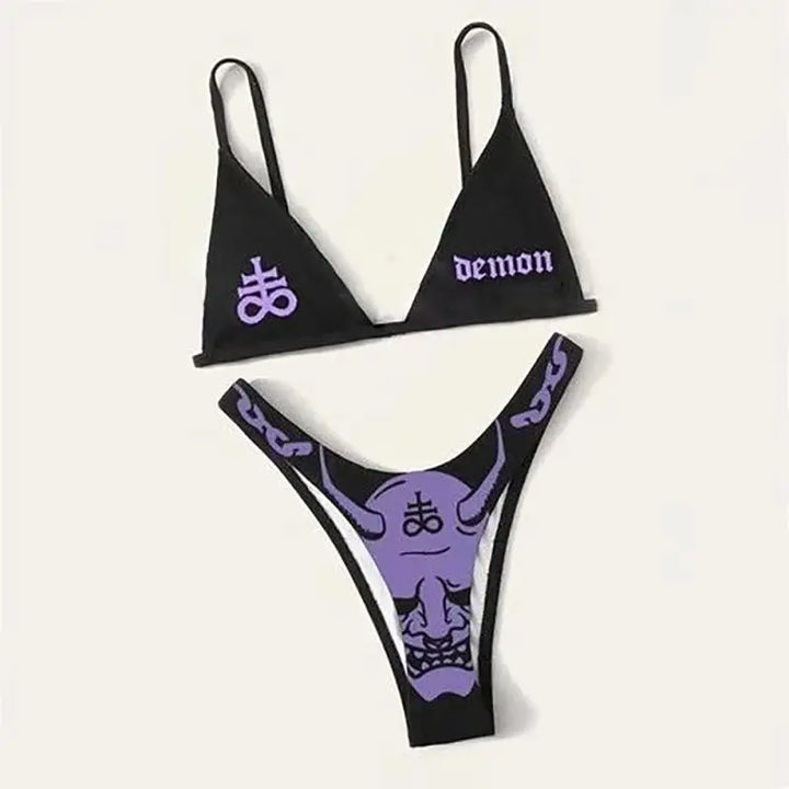 Drune | Sexy Goth Bikini Frauen Buchstaben Totenkopf Druck Badeanzug Split Badeanzug Hohe Taille Gotische Bikini Set Strandoutfits