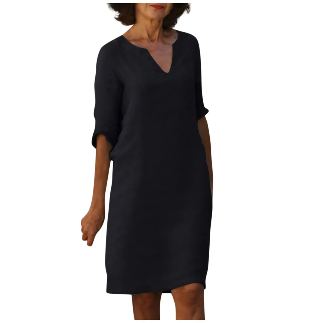 Drune | Damen Baumwoll Leinen V-Ausschnitt Kleid Mit Halben Ärmeln