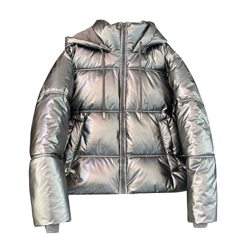 Drune | Metallische Winterjacke mit hohem Kragen und Kapuze für Frauen