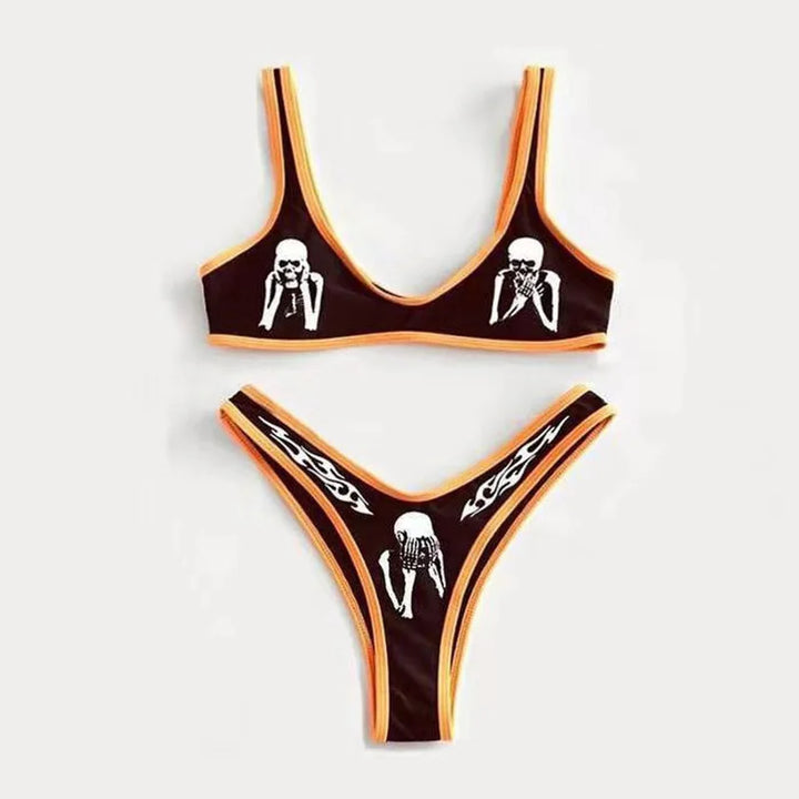 Drune | Sexy Goth Bikini Frauen Buchstaben Totenkopf Druck Badeanzug Split Badeanzug Hohe Taille Gotische Bikini Set Strandoutfits