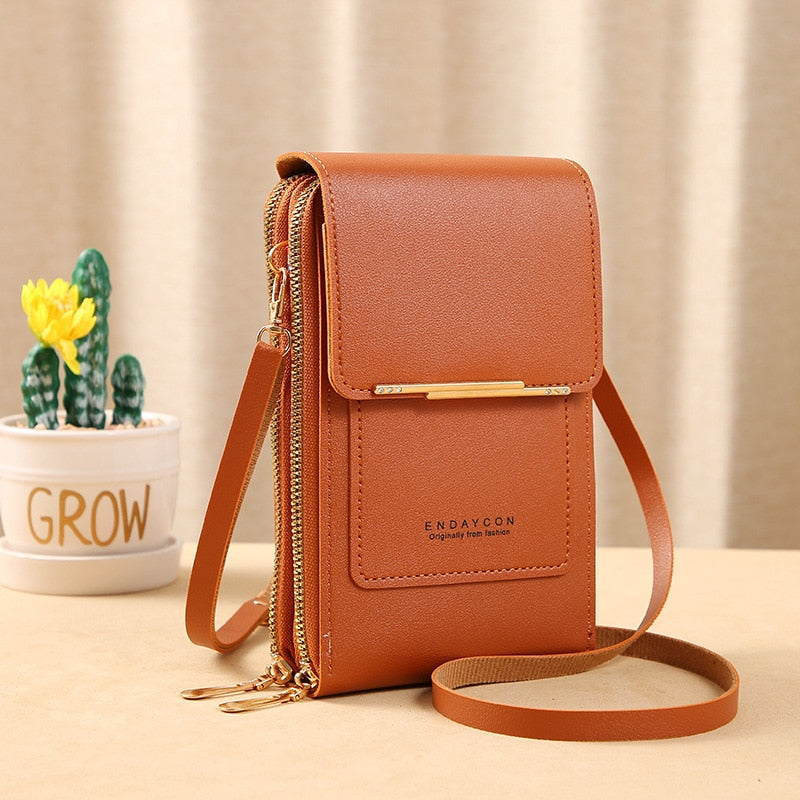 Drune | Leder Smartphone Clutch Damen Handtasche mit Touchscreen-Fenster