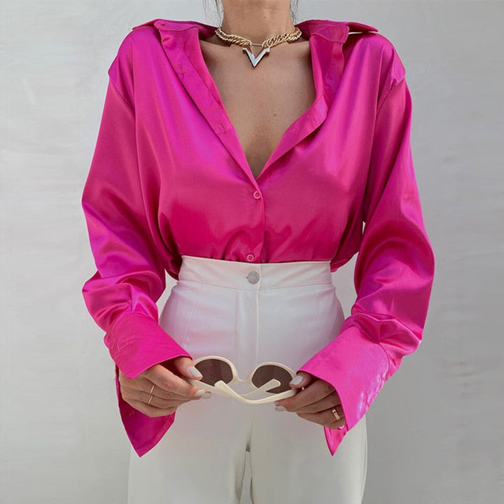 Drune | Satinierte Bluse Mit Polo Kragen Seidenbluse Fürs Büro Weinlese Design Mit Lockerer Knopf Elegante Mode
