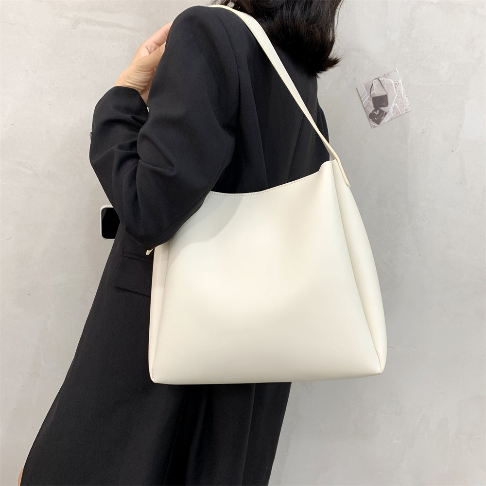 Drune Hochwertige Damen Shopper Große Kapazität Schultertasche Reine Farbe Breiter Riemen Weiches PU-Leder