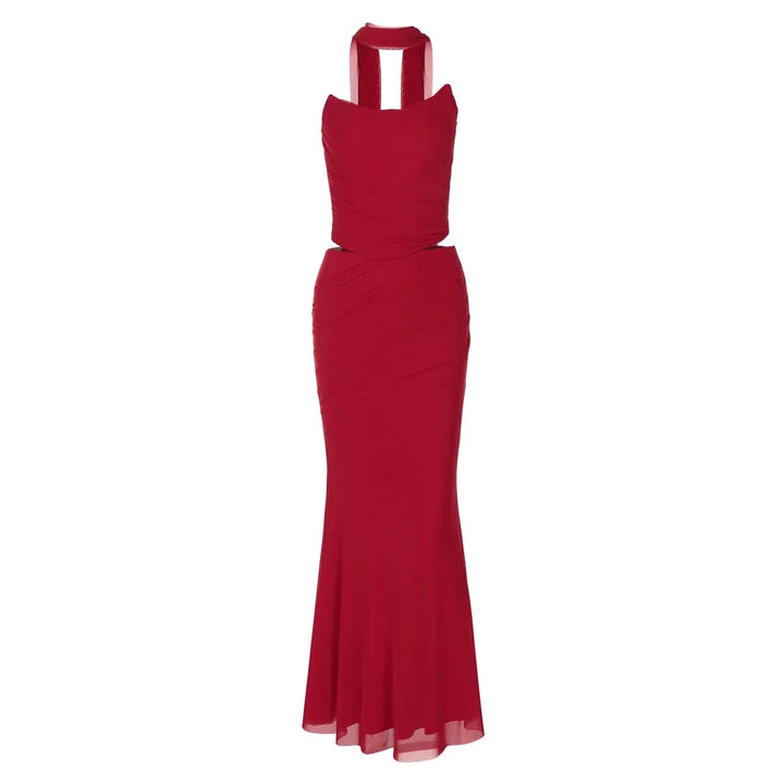 Drune | Elegante Frauen 2 Teiliges Kleid Set Strapless Bodycon Crop Top und Maxi Rock Set Formelles Hochzeitsgast Festkleid
