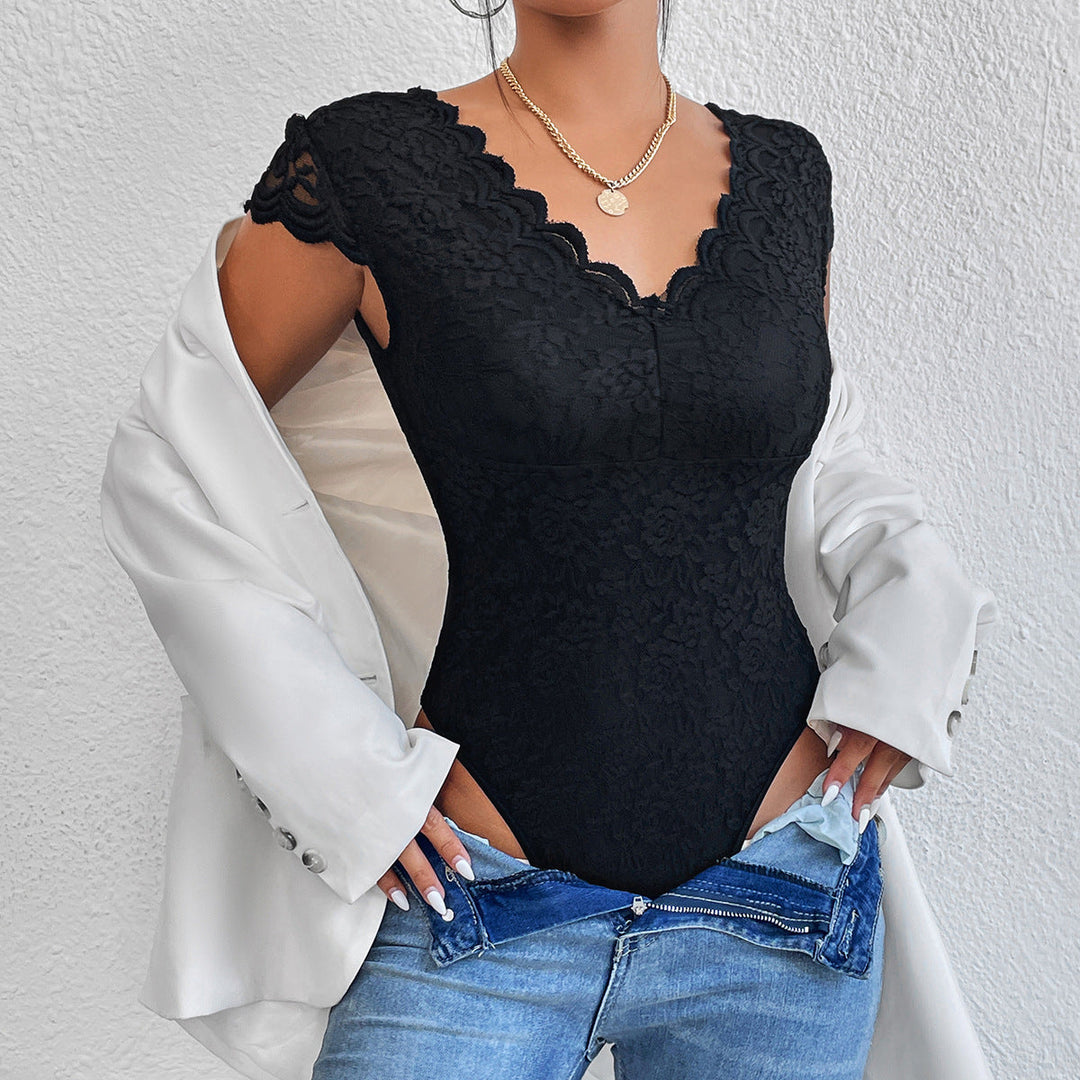 Drune | Fit V-ausschnitt Spitzenbodysuit Atmungsaktives Stretchmaterial Elegante Ganzjahresbekleidung