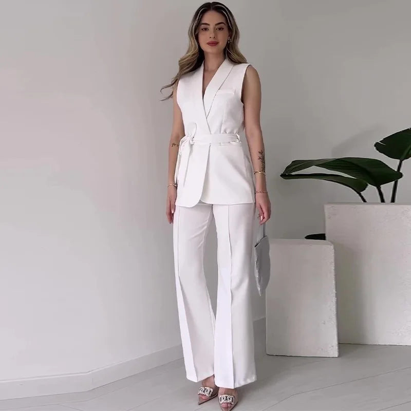 Drune | Ärmelloser Blazer-Anzug Taillierte Passform Wickel-V-Ausschnitt Weite Hose