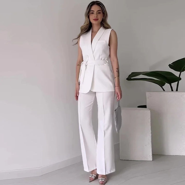 Drune | Ärmelloser Blazer-Anzug Taillierte Passform Wickel-V-Ausschnitt Weite Hose