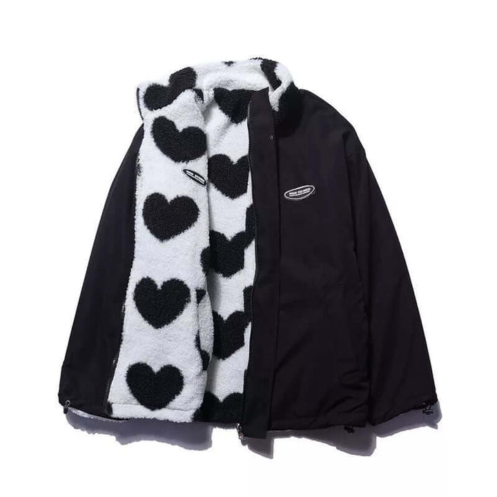 Drune | Wendbarer Herz-Druckmantel mit plüschigem Fleece-Futter