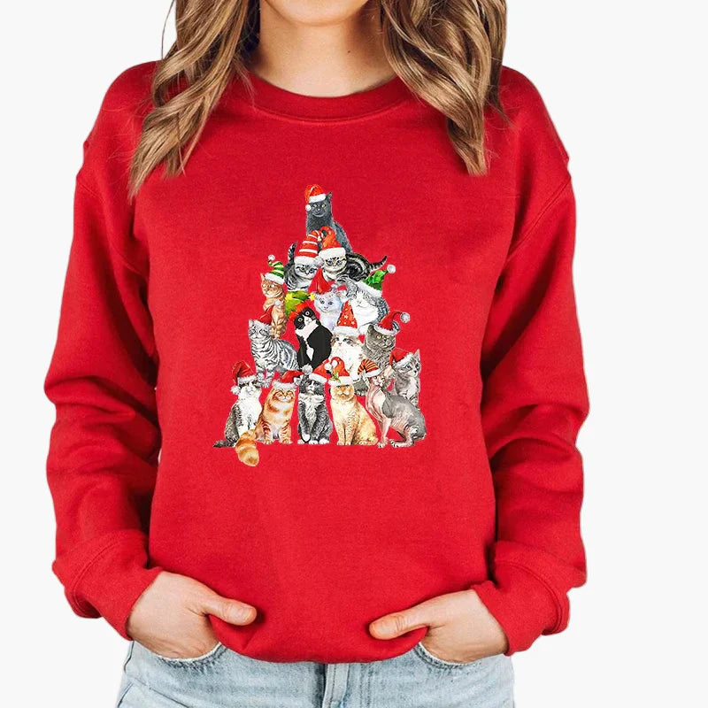 Drune | Weihnachtspullover mit Katze und Lichterkette - Lustiger Winter-Sweater für Katzenliebhaber