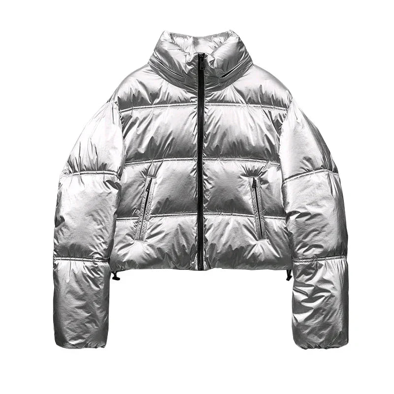 Drune | Kurz geschnittene metallische gesteppte Winterjacke mit hohem Kragen