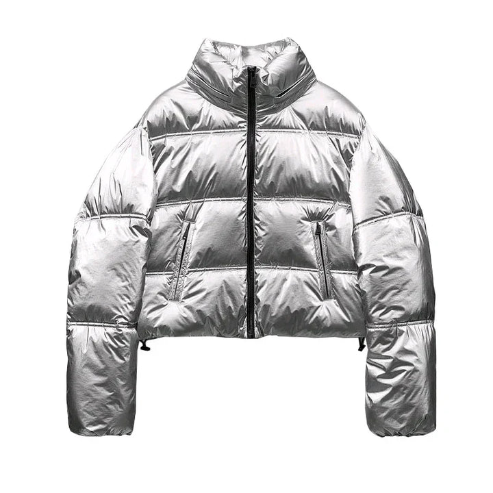 Drune | Kurz geschnittene metallische gesteppte Winterjacke mit hohem Kragen