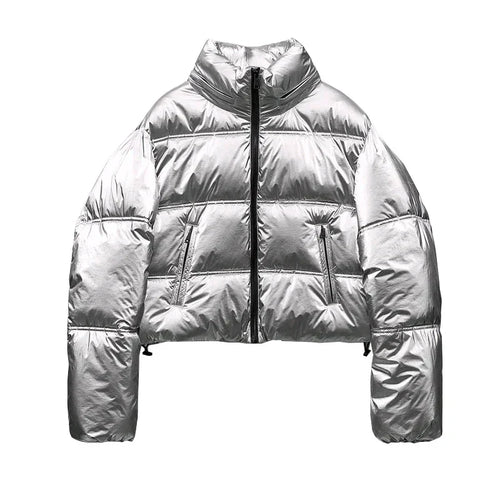 Drune | Kurz geschnittene metallische gesteppte Winterjacke mit hohem Kragen