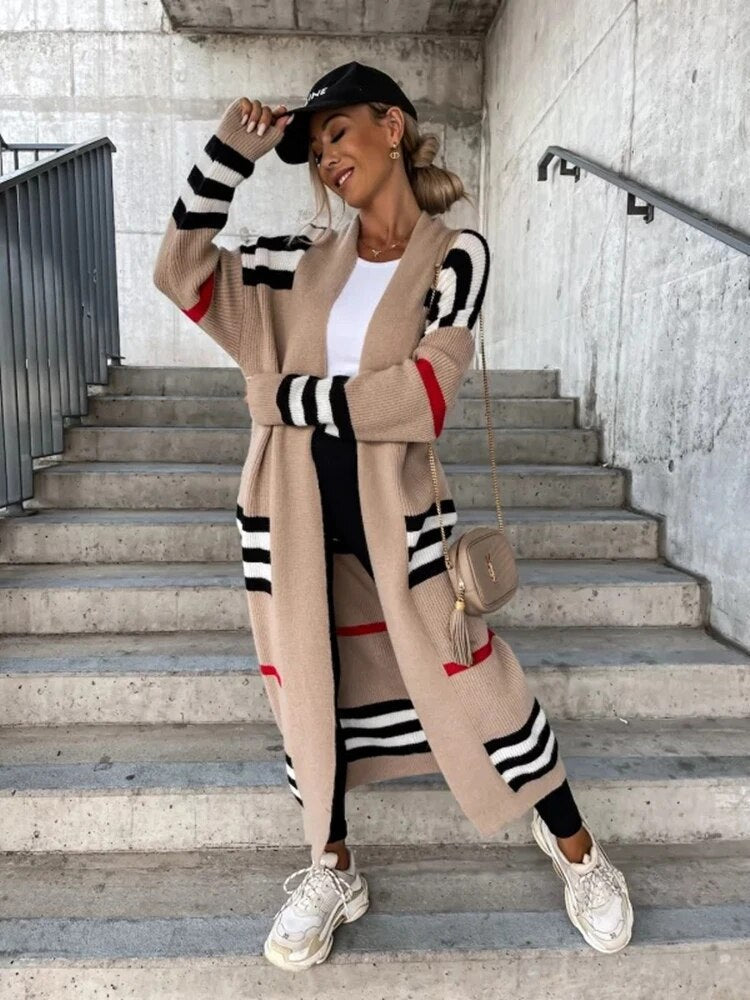 Drune | Lange gestreifte Strickjacke für Damen