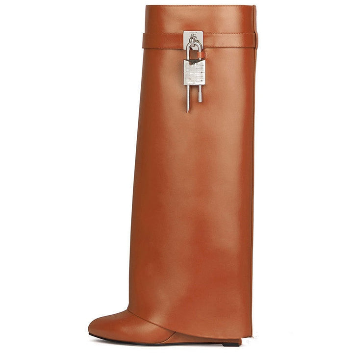 Drune | Damen Kniehoge Stiefel Shark Lock Lange Dicke Sohlen High Heels Stiefel Designer Luxusmarke Damen Lederstiefel