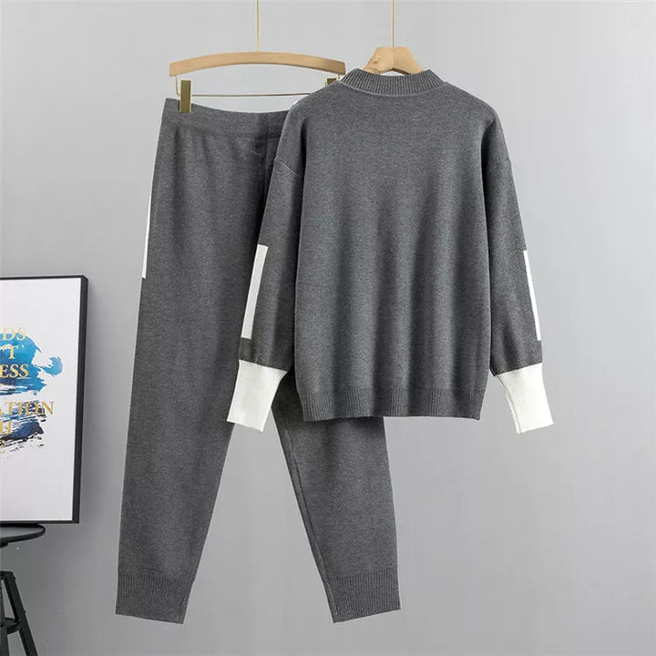 Drune | Lässiges Herbst Strick Patchwork Oberteil und Hose Set für Frauen
