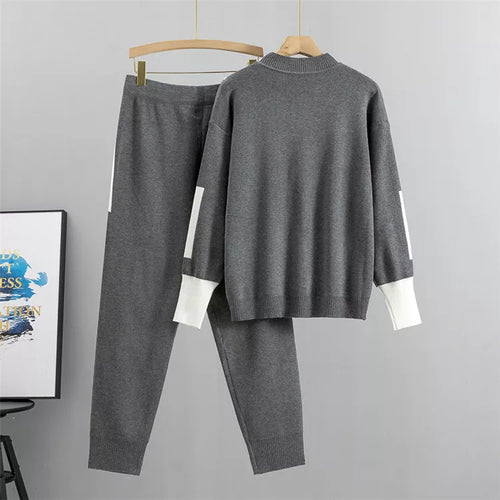 Drune | Lässiges Herbst Strick Patchwork Oberteil und Hose Set für Frauen