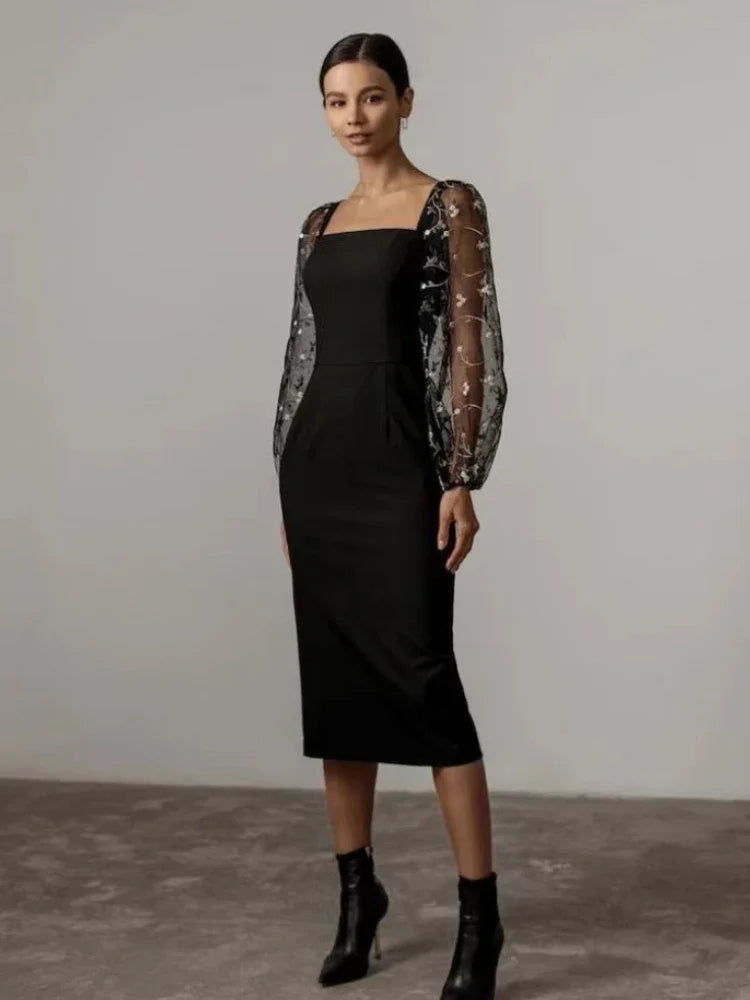 Elegantes Abend- und Partykleid mit Quadratischem Ausschnitt und Langen Ärmeln | Drune