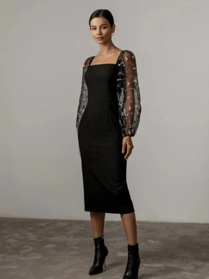 Elegantes Abend- und Partykleid mit Quadratischem Ausschnitt und Langen Ärmeln | Drune