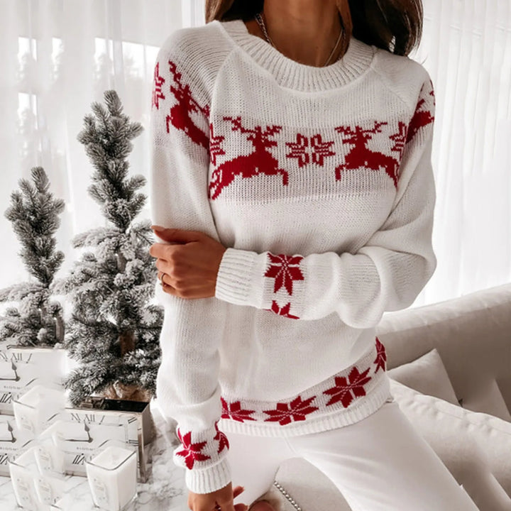 Drune - Hässlicher Weihnachtspulli - Bequemer Strickpulli mit O-Ausschnitt, Rentier- und Schneeflockenmuster
