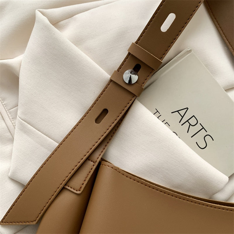 Drune Hochwertige Damen Shopper Große Kapazität Schultertasche Reine Farbe Breiter Riemen Weiches PU-Leder