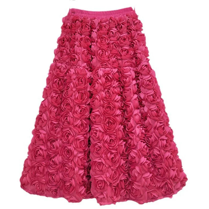 Drune | Herbst Neu Vielseitig Drei Dimensional Blumen Mittlere Falten Rock Hohe Taille Große Schwung Mode A-Linie Röcke Frauen