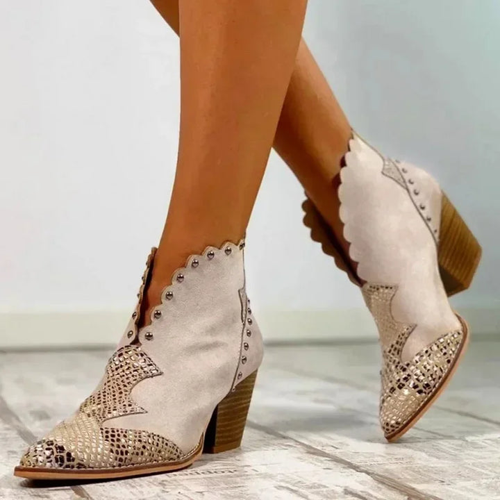 Drune | Western Stiefeletten mit Schlangenleder Akzent Bestickter Gewellter Besatz Niedriger Blockabsatz