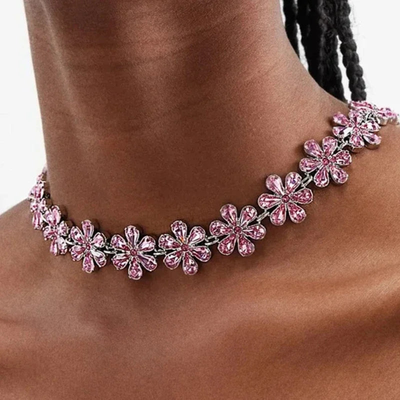Drune | Mode Pink Crystal Flowers Choker Necklace Statement Accessories Mode Frauen Rhinestone Collar Necklace Schlüsselbein Schmuck Ins