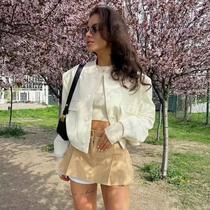 Drune | Cropped Baseballkragen Bomberjacke mit Druckknöpfen